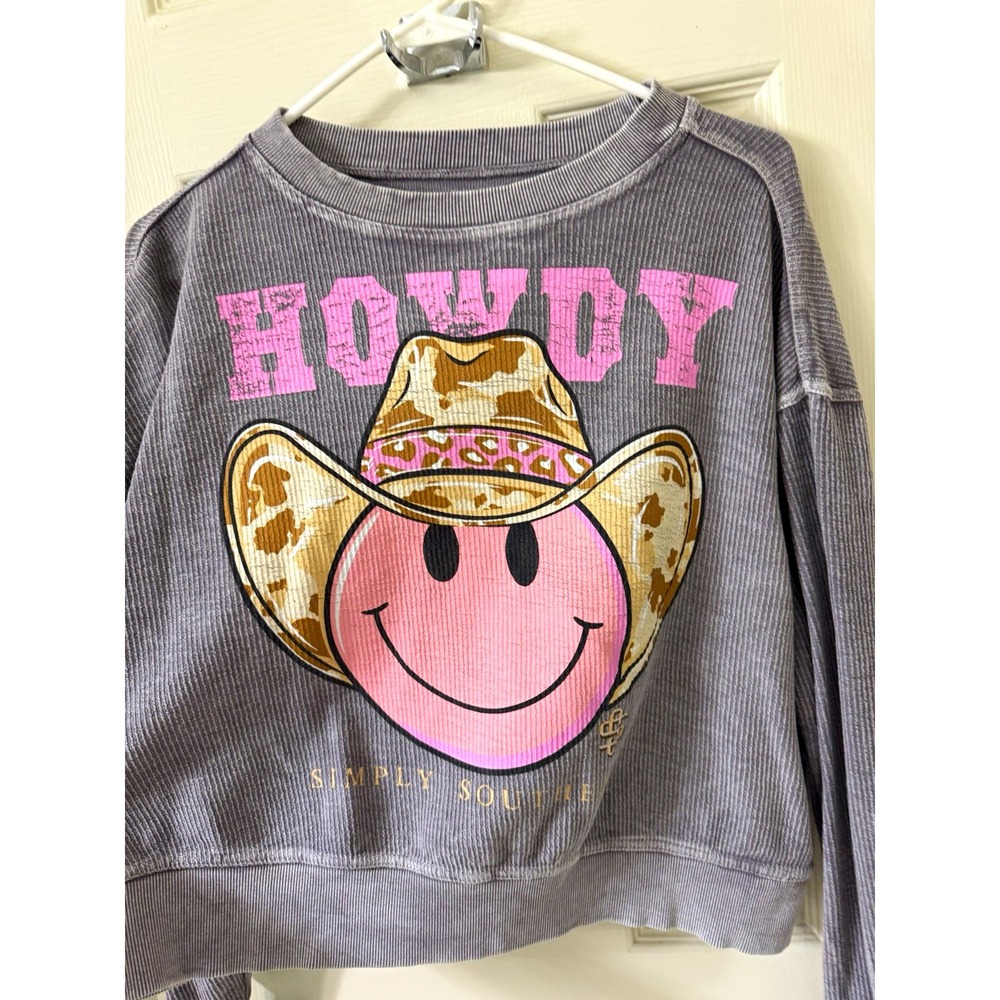 Simply Southern Women's Gray Western Cowgirl Smiley Graphic Pullover Crewneck M